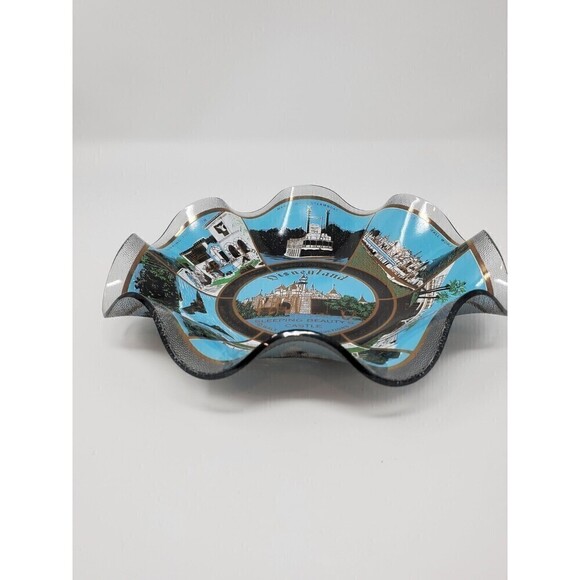 VINTAGE DISNEYLAND GLASS SCALLOP EDGE DISH TRAY WITH BOX HOVER ART - Picture 2 of 14